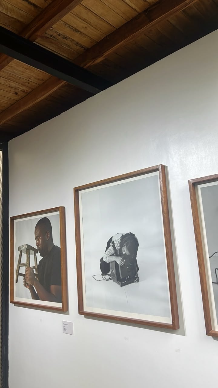 Framed portrait photographs hung in a row on a white gallery wall under a wood-plank ceiling