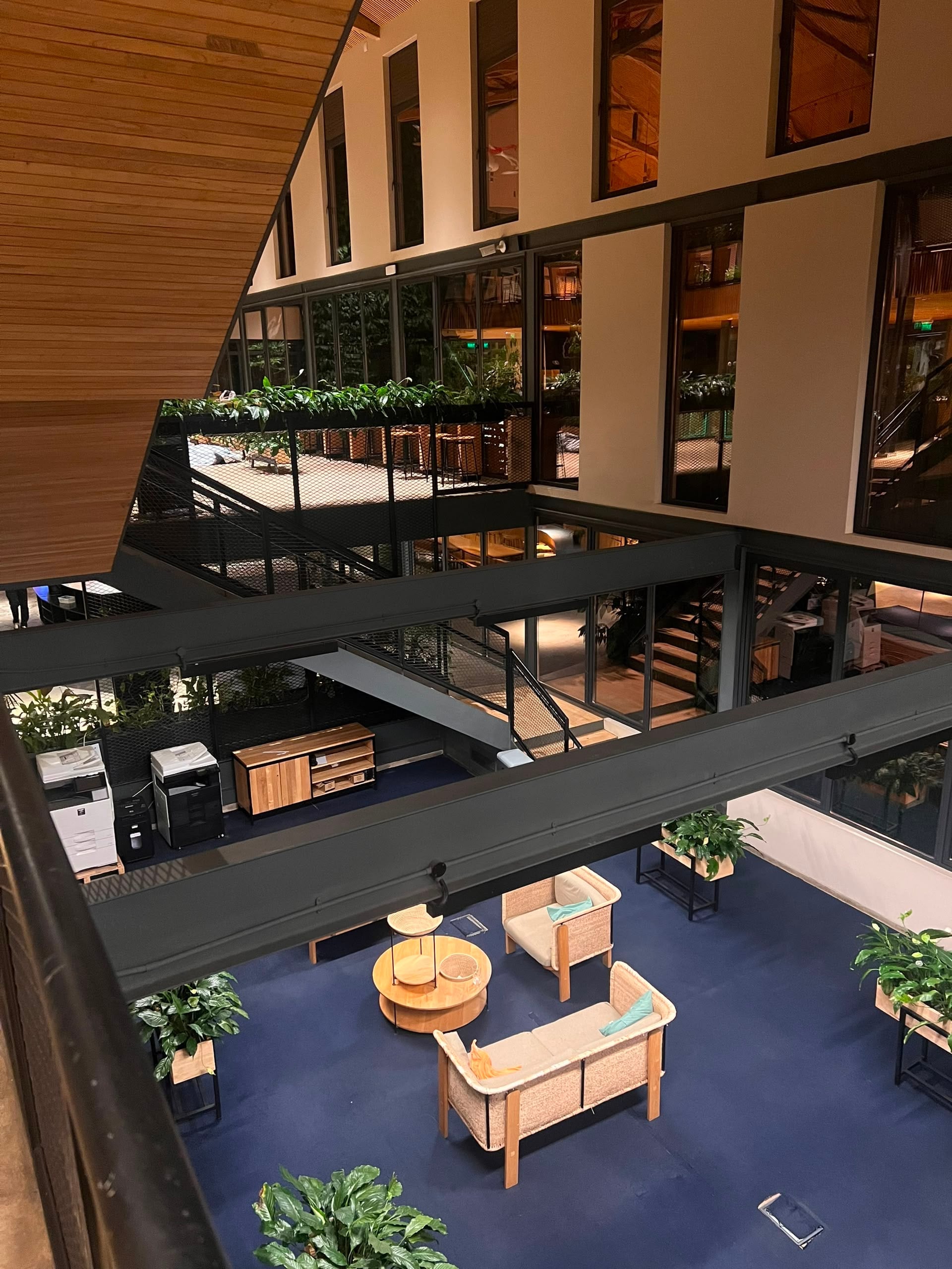 Looking down into a multi-level office atrium with blue carpet lounge seating, plants, and black steel beams